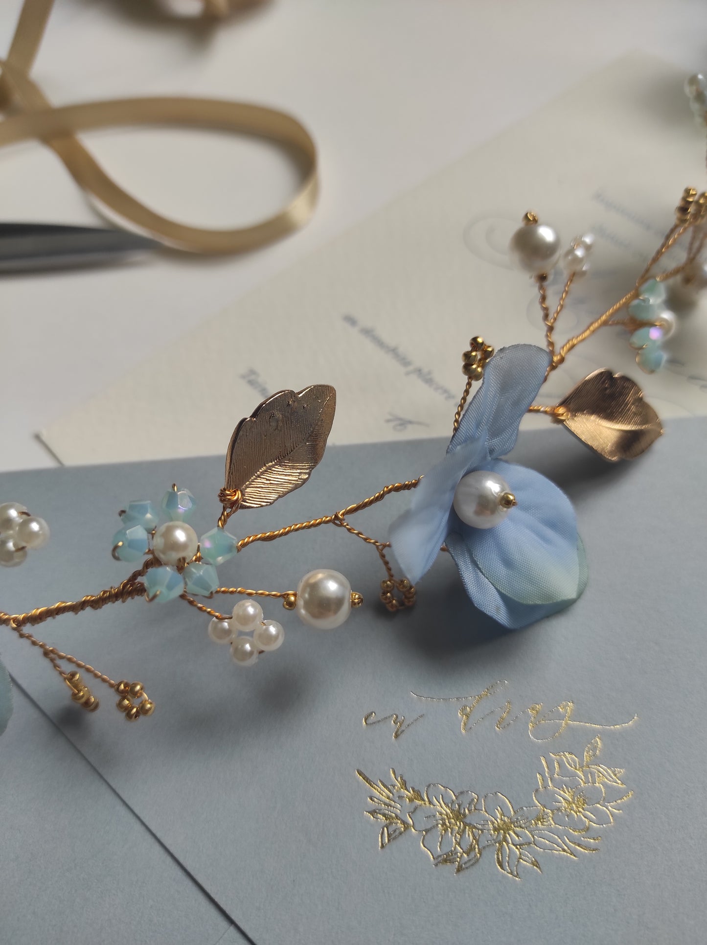 BLUE BEGONIA bridal hair vine || Bridal hair accessory - Engagement hair piece - Wedding hair jewelry - Bridal crown - White flower hair vine