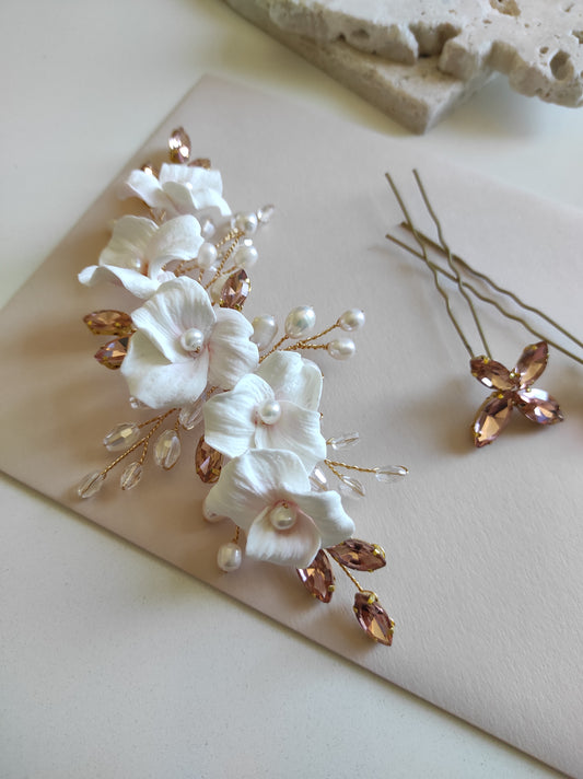 PINK ME UP || Unique wedding hair vine - Bridal hair accessory set -  Wedding jewelry set - Engagement jewelry - Bridal head pieces -  Floral head pieces